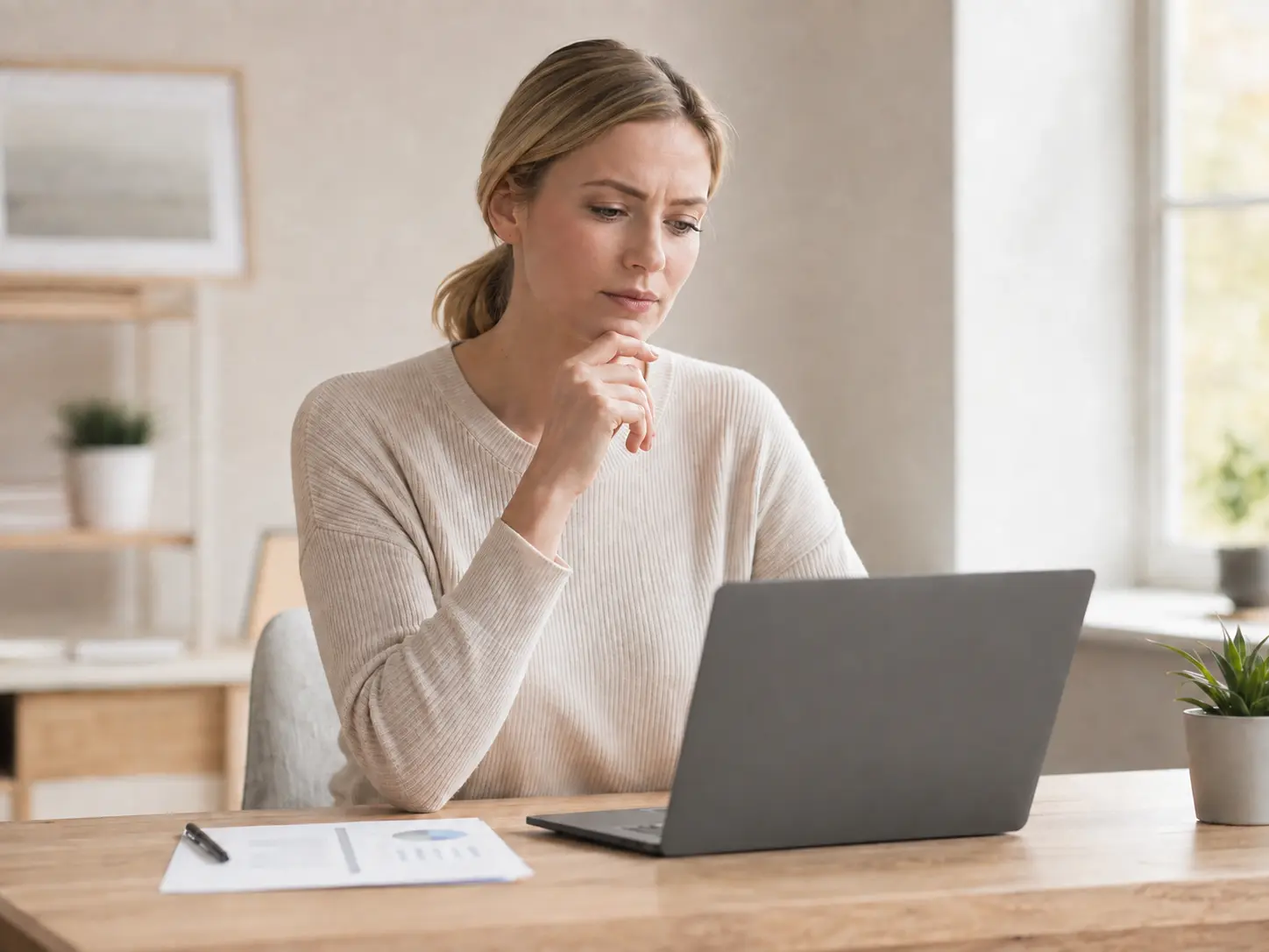 Woman looking uncertain at computer